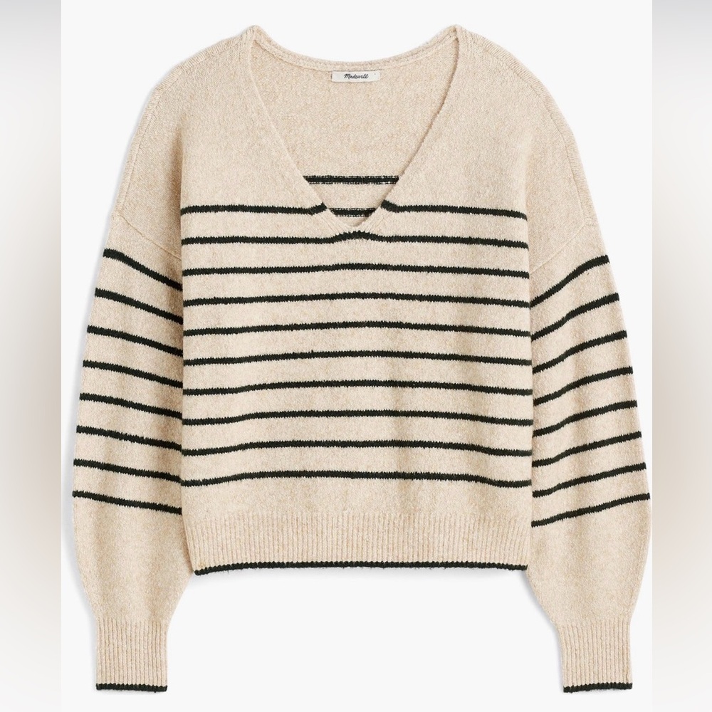 Madewell V-Neck Sweater in Cream with Dark Green Stripes